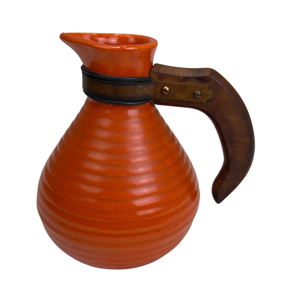 VTG MCM Bauer Pottery Los Angeles Orange Ring Ware Pitcher Carafe Wood Handle